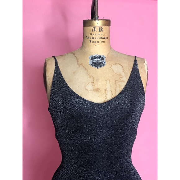 1990s-Y2K Just in Time. Black & Silver Metallic, Glitter Maxi Dress W/Slit. XS-S - Picture 4 of 10